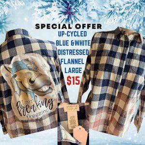 UP-CYCLED DISTRESSED BLUE & WHITE FLANNEL LARGE WITH